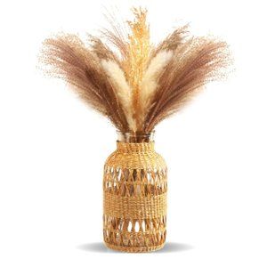 Rustic Farmhouse Vase - Hand Woven Rattan Glass Vase - Dried Pampas Flower Vase